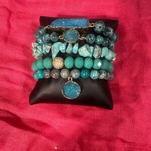 Teal & Turquoise Beaded Druzy Stackable Bracelet Set